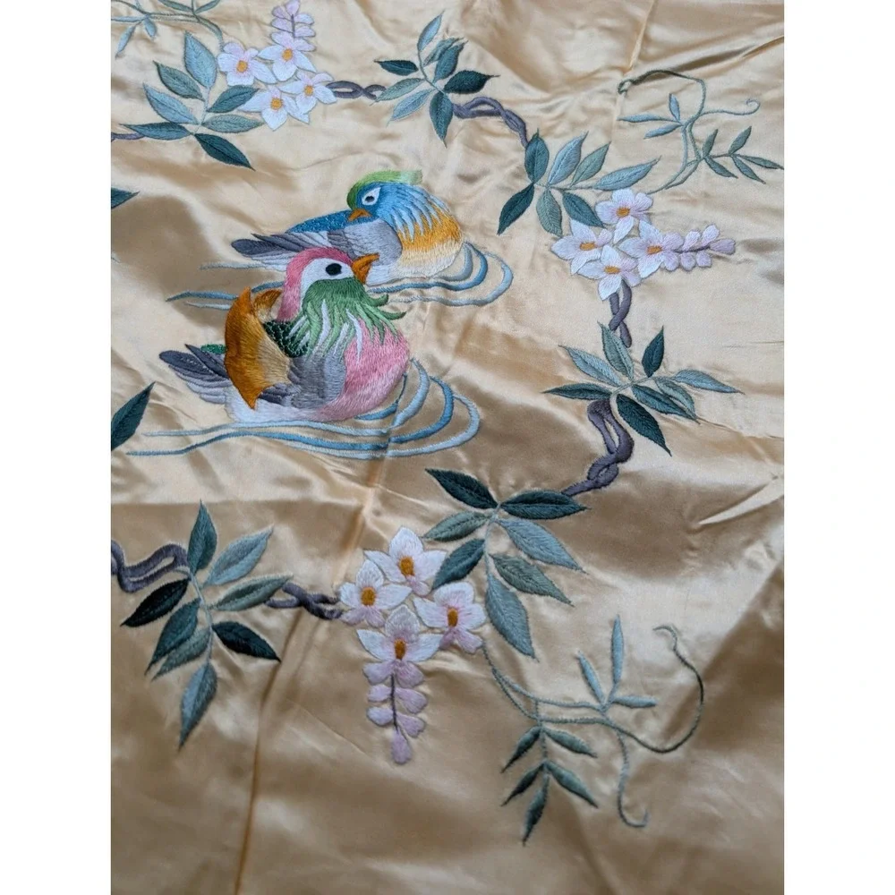 Vtg bai hau Peach Satin Pillow Cover Embroidered Mandarin Ducks Golden  Pleat 2